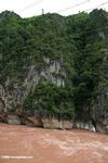 Grey limestone cliff along the red Mekong