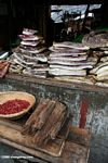 Stacks of dried meat in meat market in Dechen