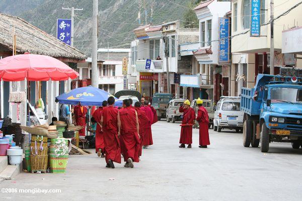 Viele Mönche in einer kleinen Stadt