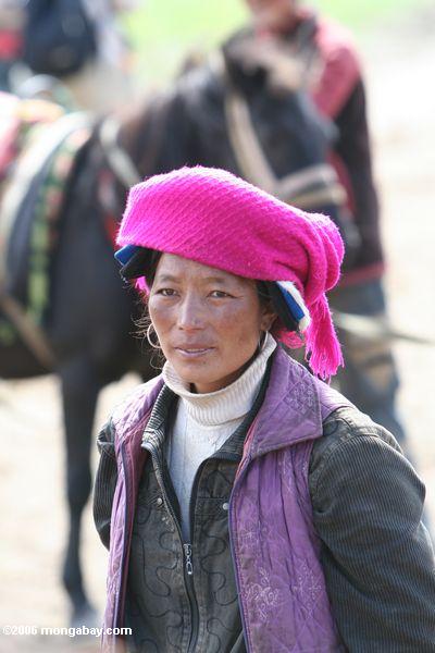 Tibetanische Frau mit einem rosafarbenen Hauptschal