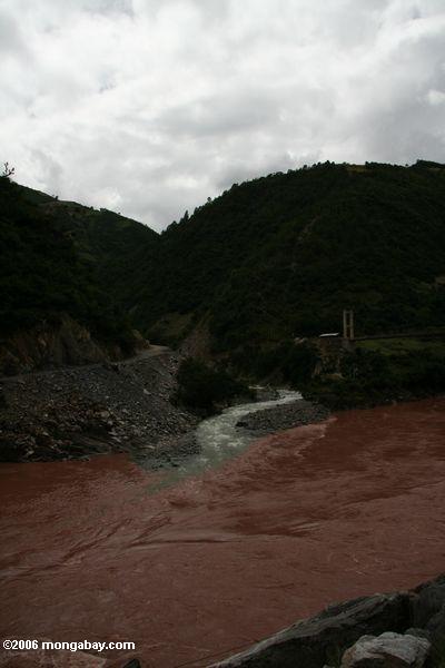Freier Wasserstrom, der das rote schlammige Wasser des Mekong tibetanisches