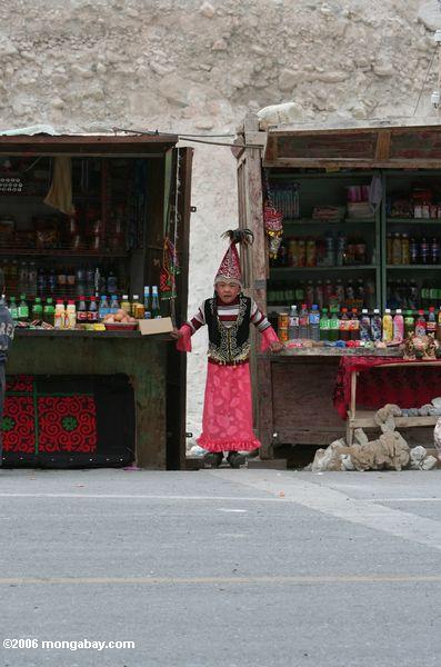 Mädchen, das auf einem Stand nahe einem Paßprüfpunkt auf der Karakoram Landstraße Xinjiang