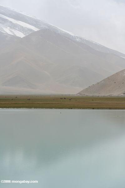 Muztag Ata refletiu em um lago de turquesa