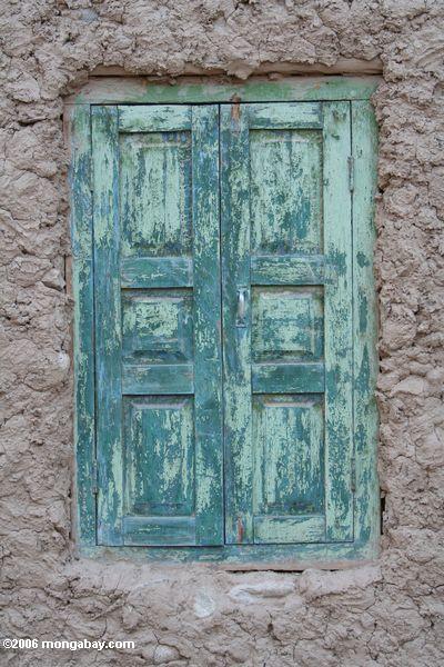 Blaugrüner Eingang in einem luftgetrockneten Ziegelstein Haupt