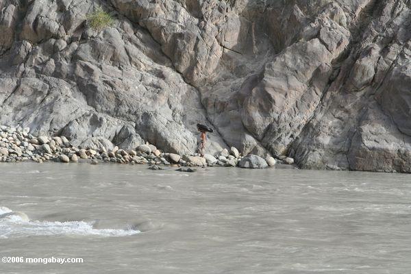 Das Tragen eines intertube entlang einem schlammigen Fluß in Westchina Xinjiang