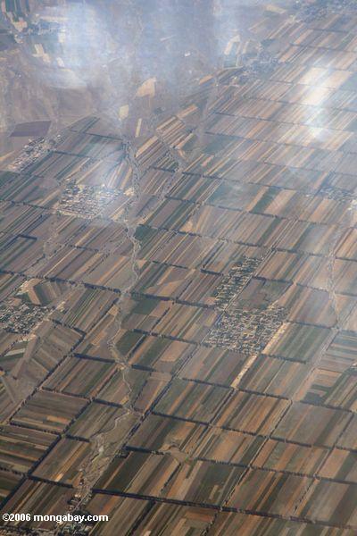 Аэрофотоснимок сельскохозяйственных полях и деревнях возле Урумчи на западе Китая