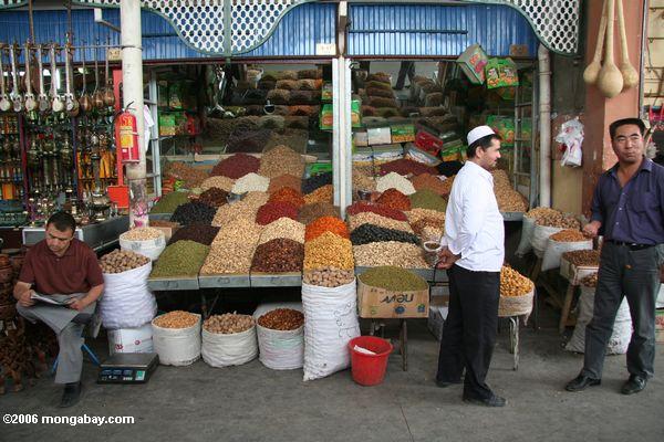 Sellers da porca no bazaar central em Kashgar