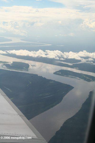 アマゾンの川の上からの眺めはコロンビアとペルーの間の国境フォーム