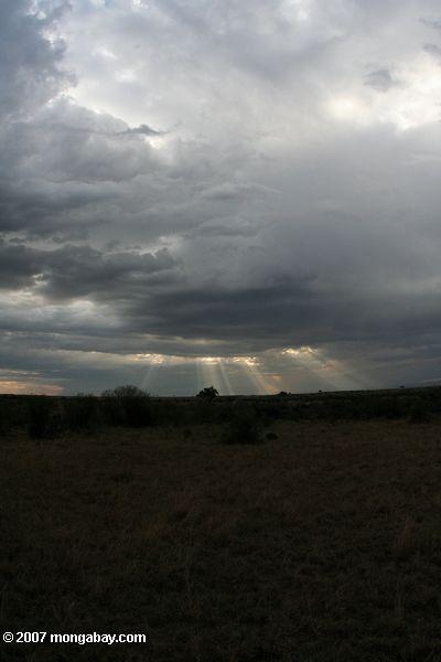 Sun raios penetrando uma nuvem ao longo dos Maasai Mara