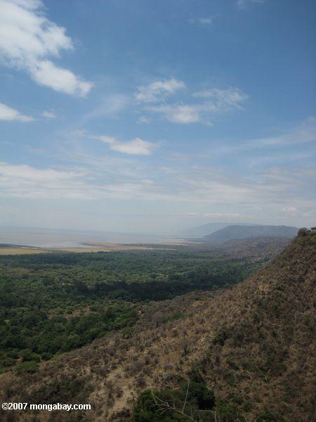 Rift Valley escarpado con el bosque del lago Manyara National Park a continuación